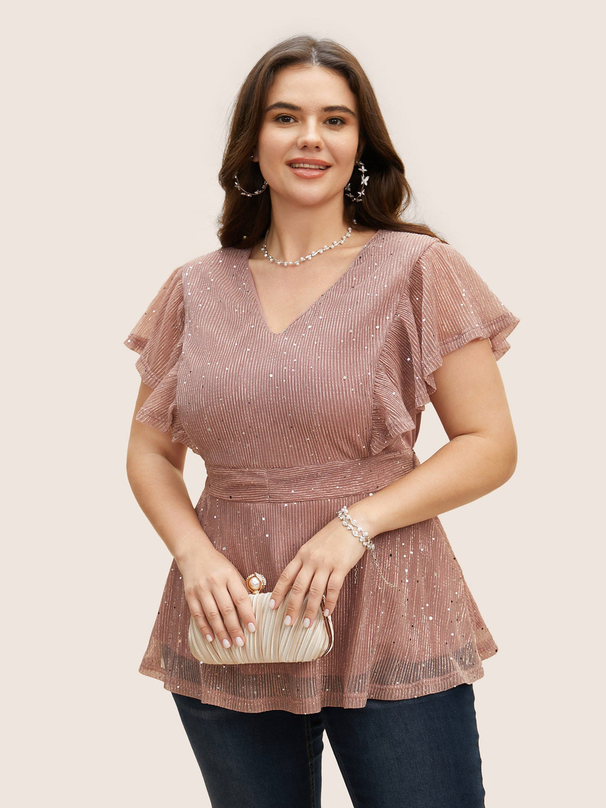 Glitter Mesh V Neck Ruffle Cap Sleeve Blouse
