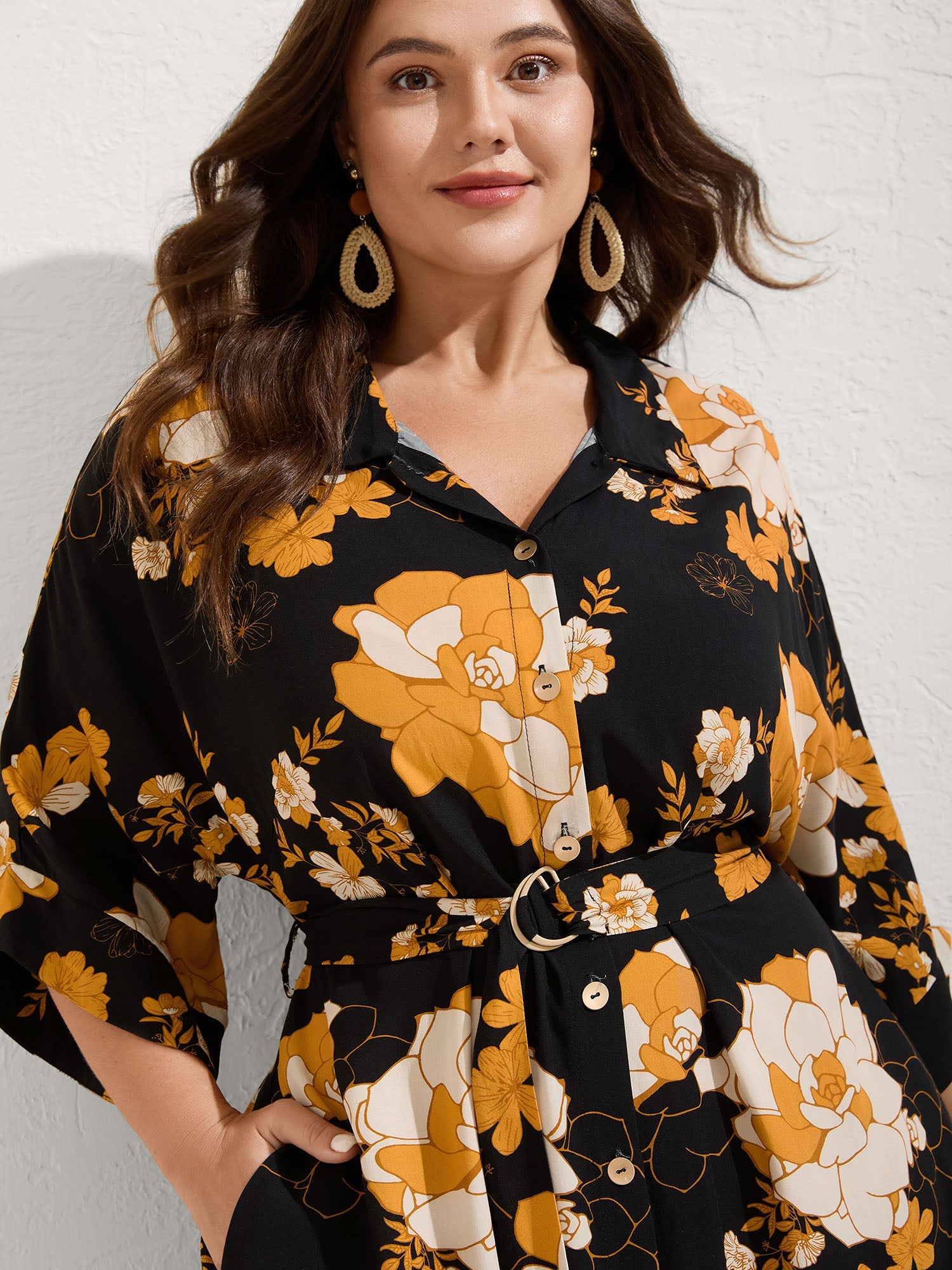 Large Flower Print Button Slit Maxi Dress