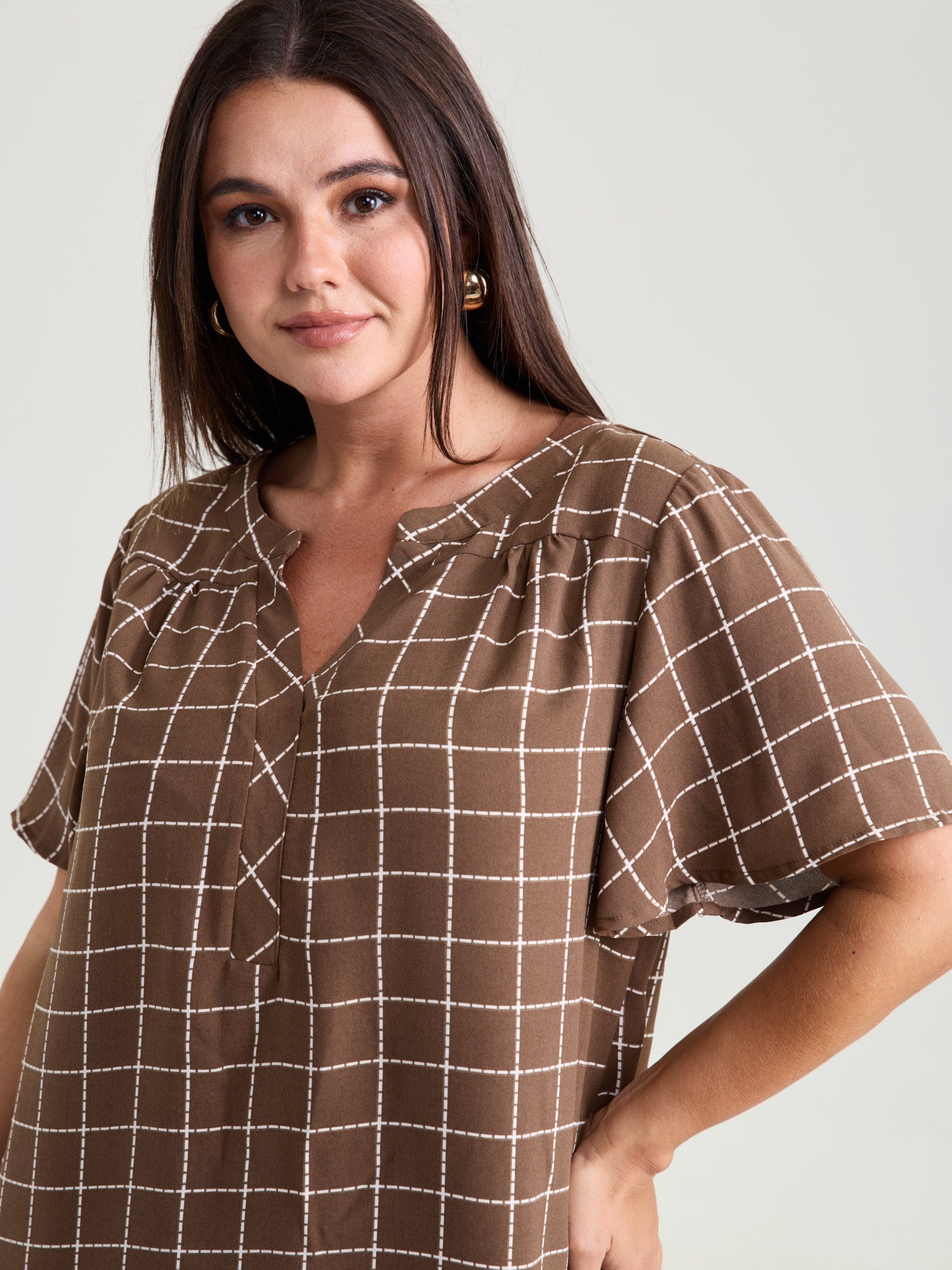 Checkered Notched Collar Panel Back Blouse