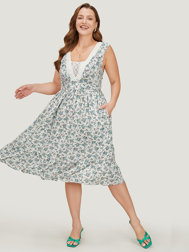 Ditsy Floral Ruffles Pocket Empire Waist Crochet Lace Tank Dress