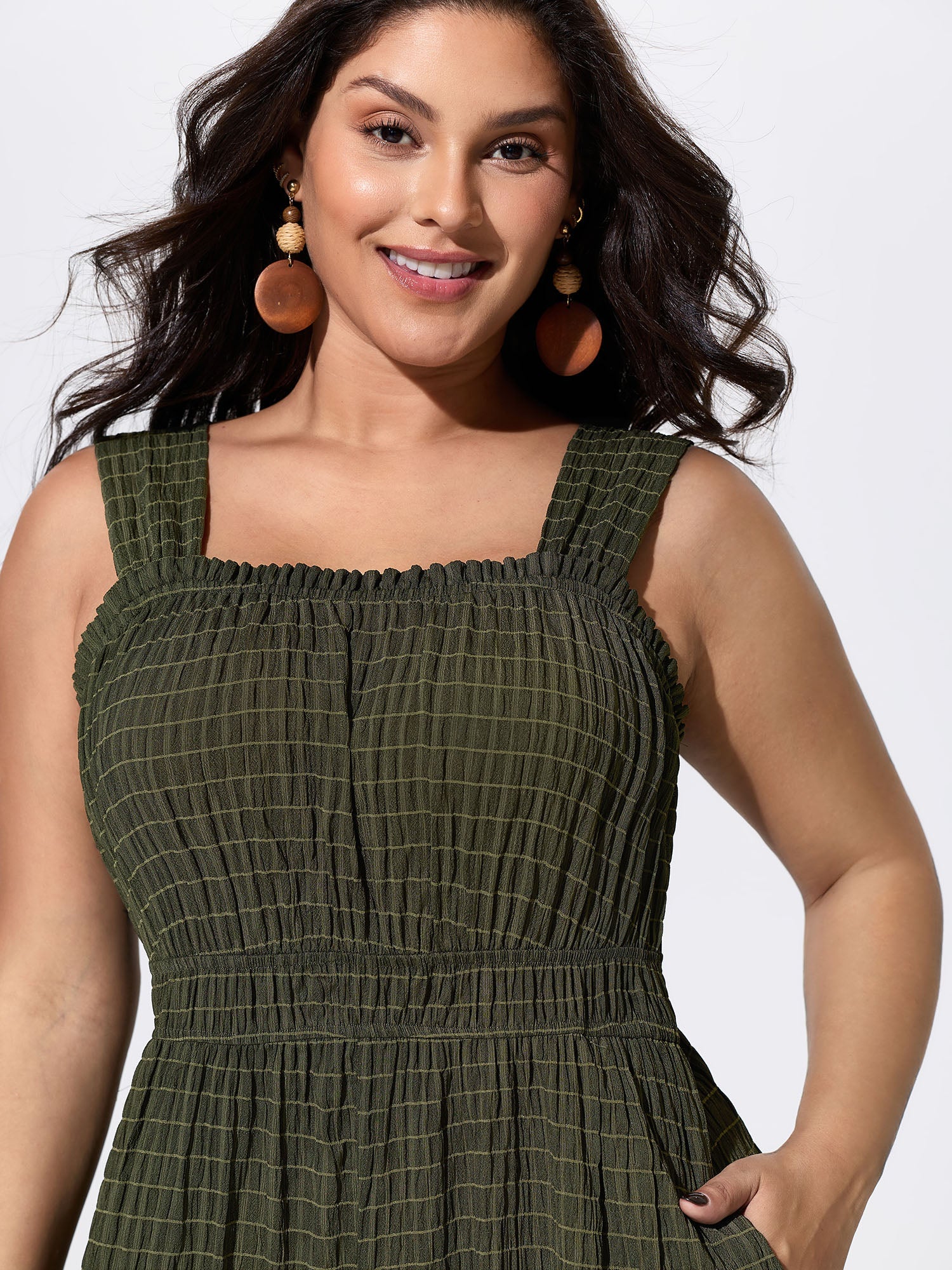 Textured Wide Straps Shirred Waist Jumpsuit