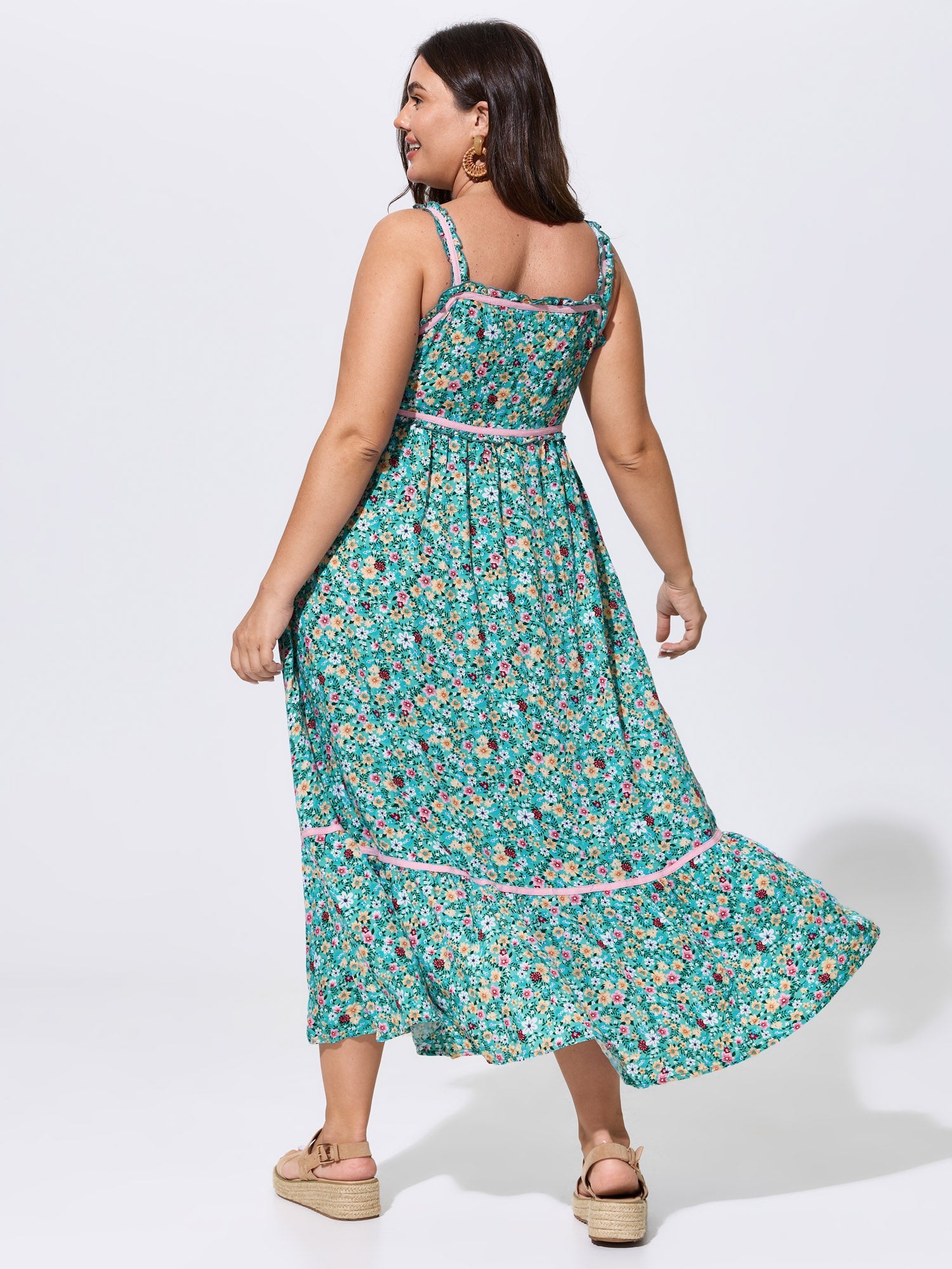 Floral Print Color Contrast Cami Maxi Dress