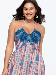 Geometric Print Halter Neckline Shirred Midi Dress