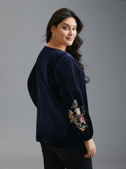 Floral Embroidered Velvet Tie Knot Blouse