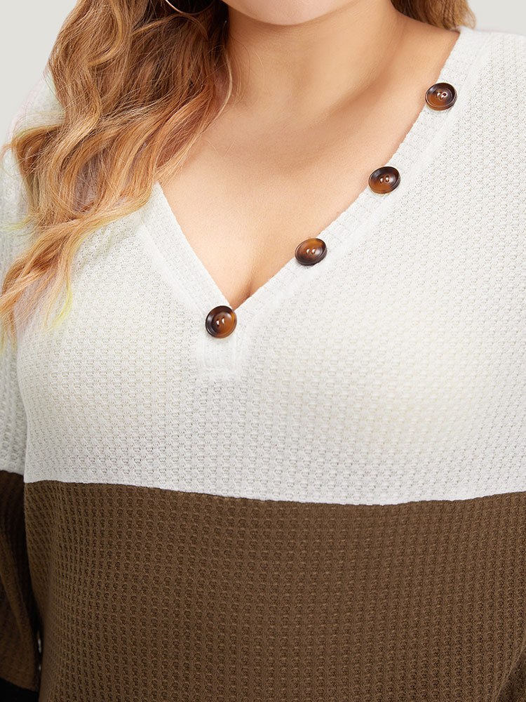 Waffle Knit Patchwork Button Detail Contrast Sweatshirt
