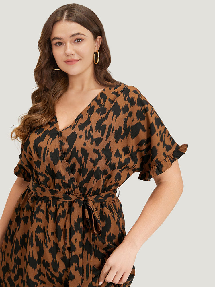 Brush Print Ruffles Wrap Belted Pocket Dress