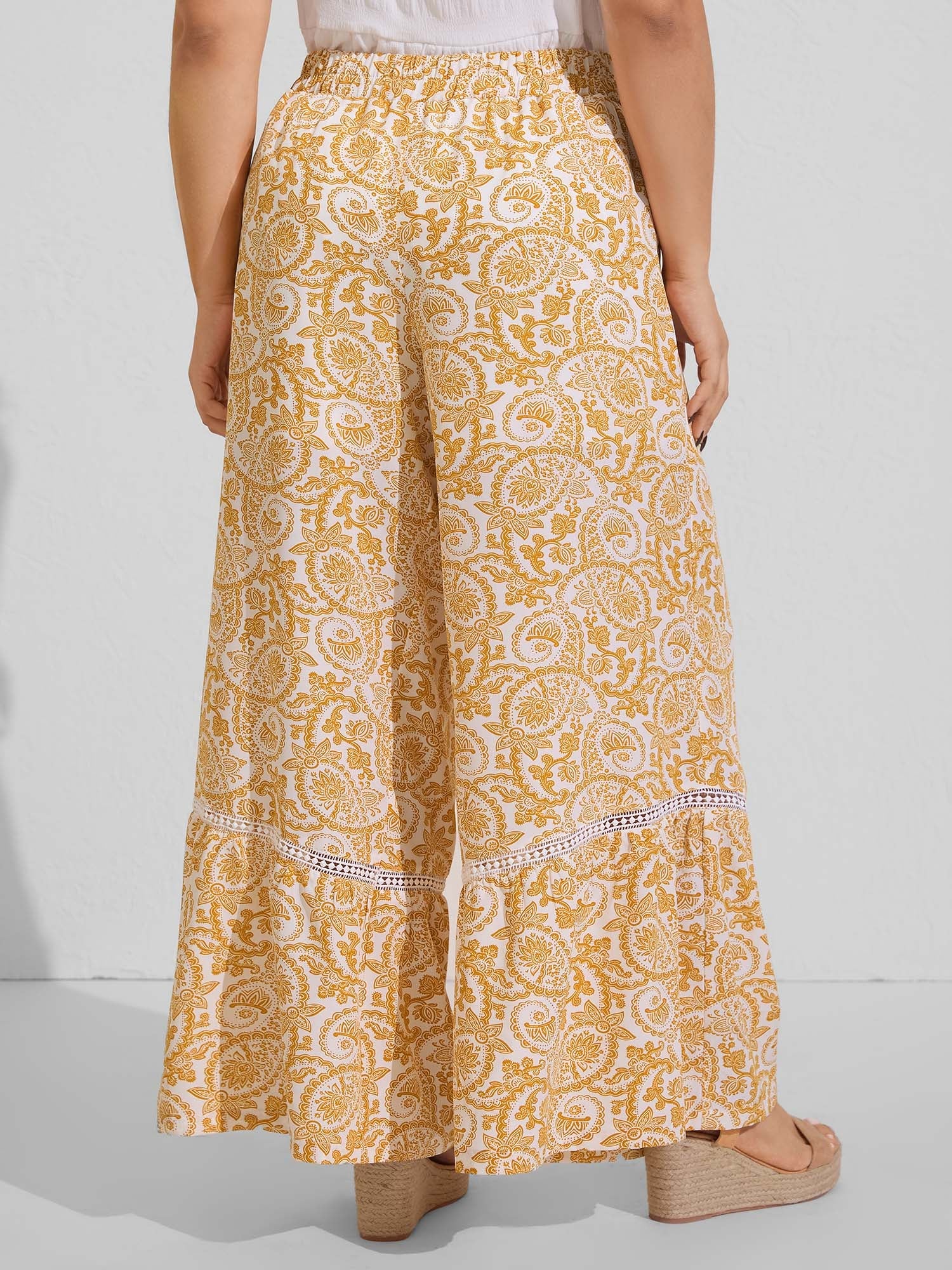 Paisely Print Lace Trim Wide-Leg Pants