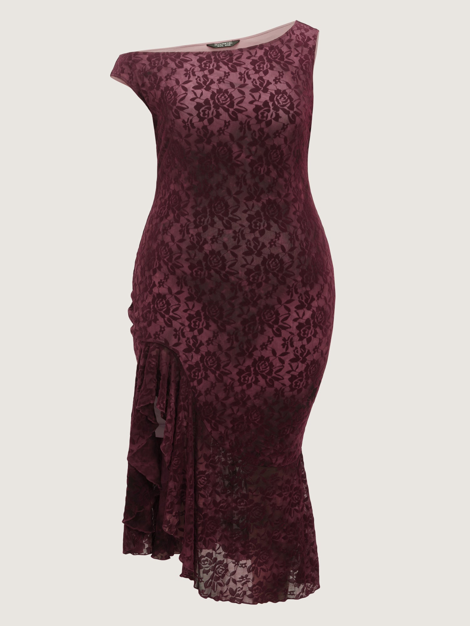 Flocked Floral Stretchy One-Shoulder Midi Dress