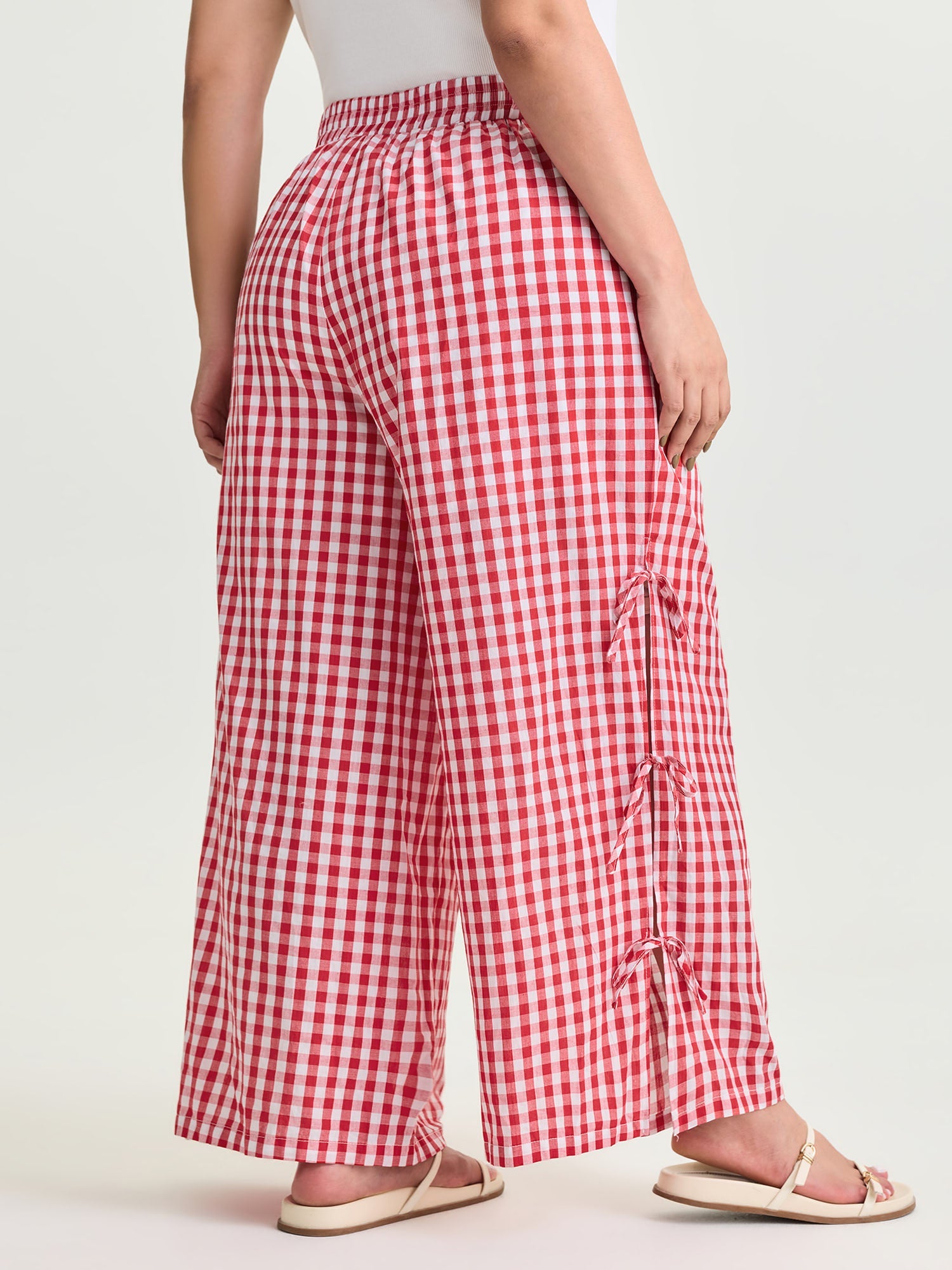 Cotton Gingham Print Side-Tie Pants