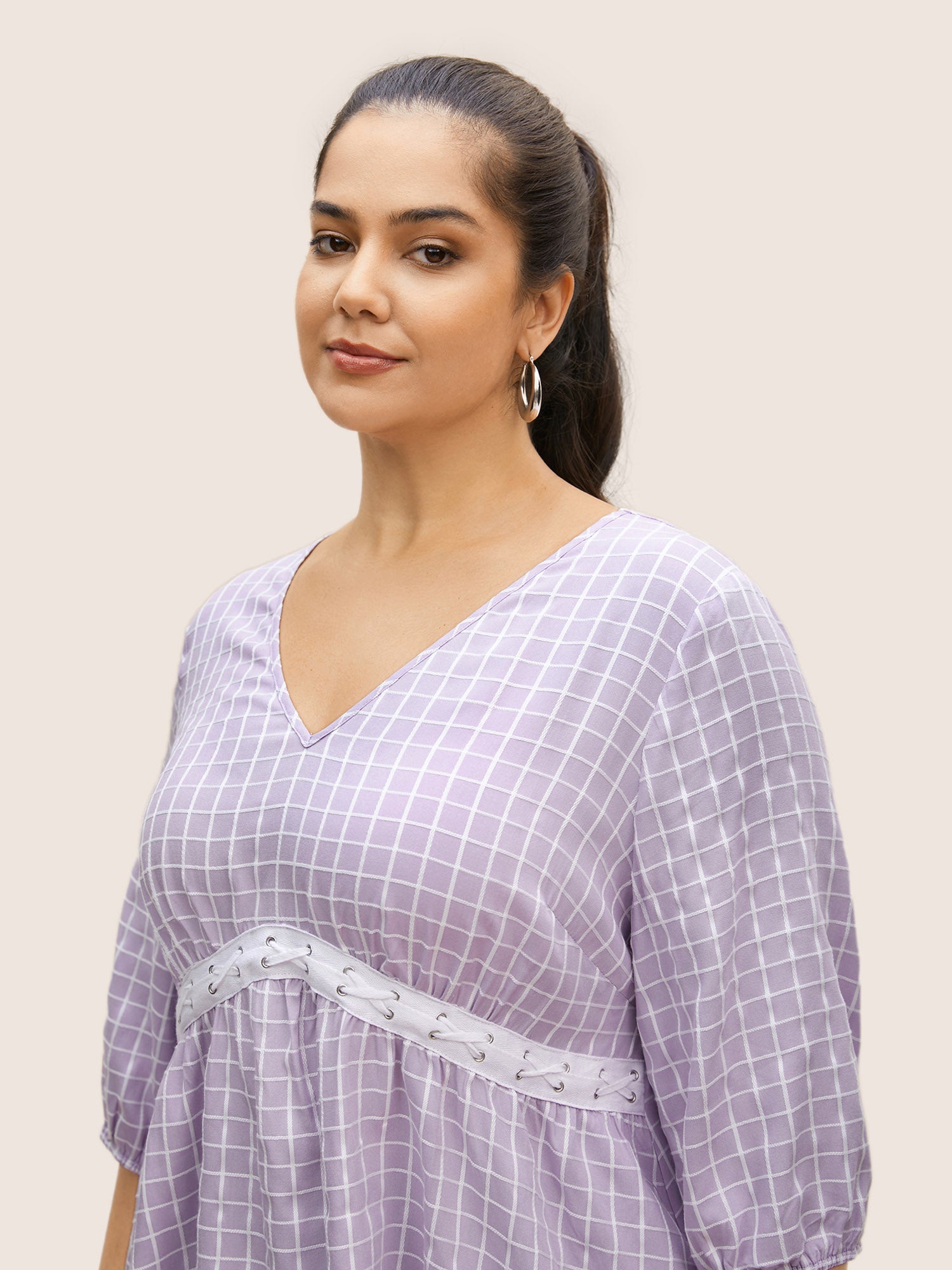 Gingham Patchwork Lantern Sleeve Blouse