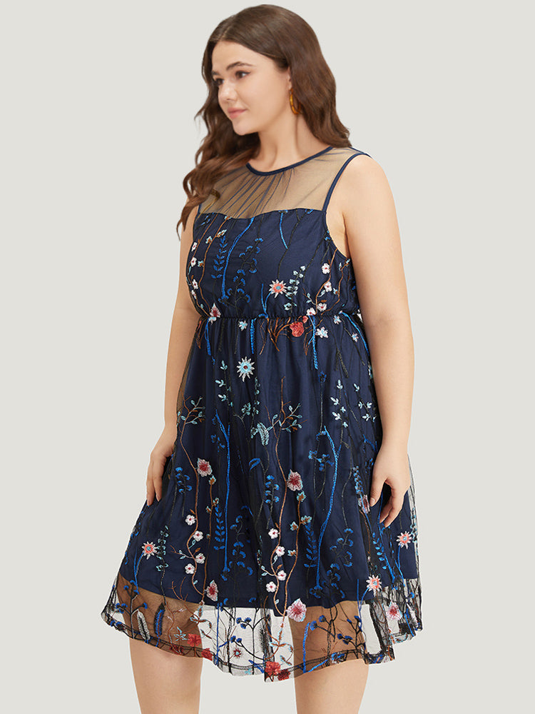 Plants Embroidered Mesh Patchwork Tank Dress