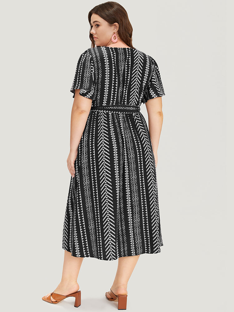 Geometric Print Flutter Sleeve Pocket Wrap Belt Split Dress