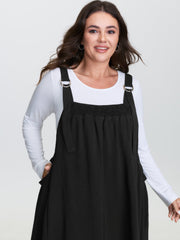 Adjustable Overall Straps Shirred Midi Dress