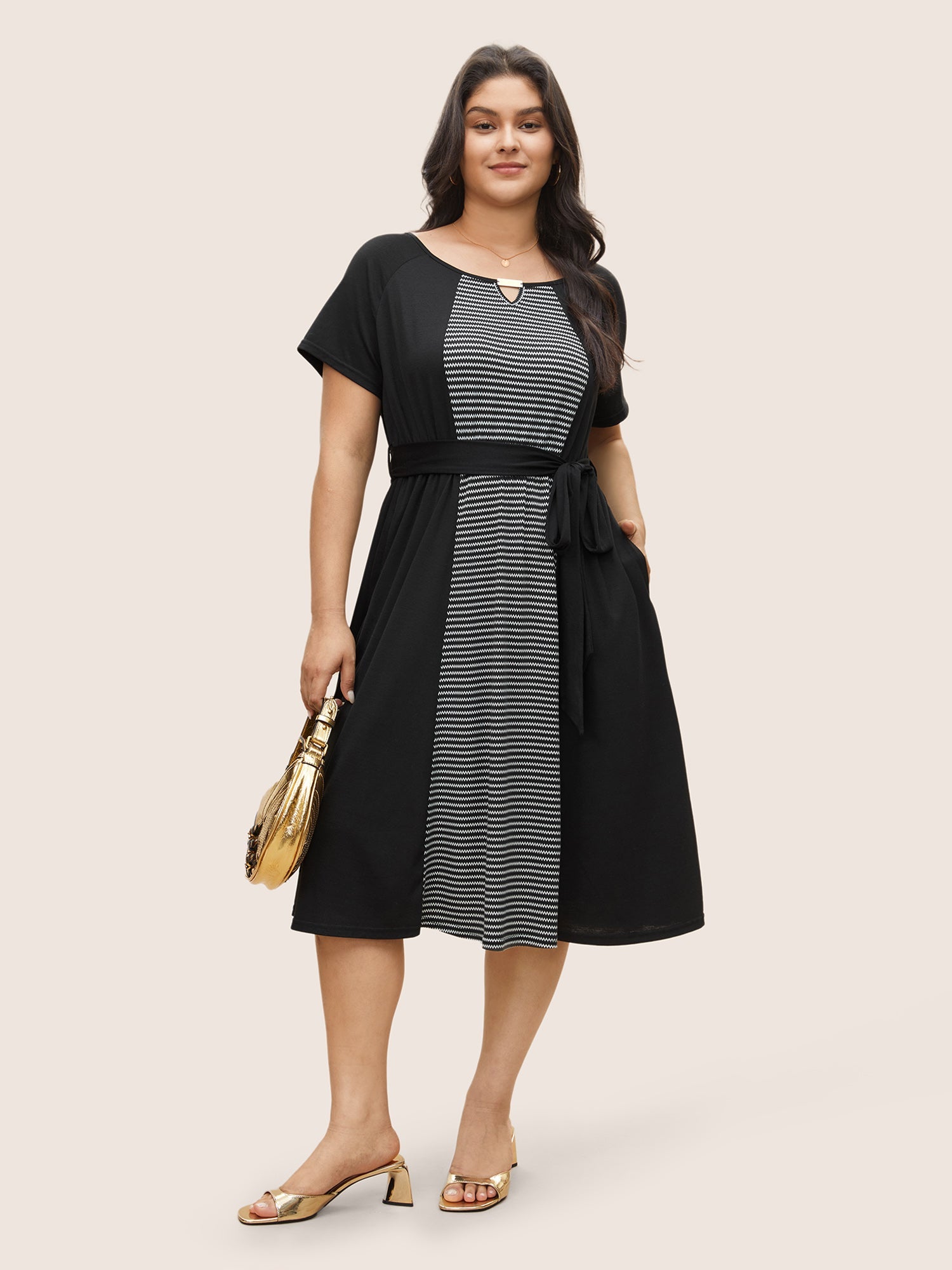 Striped Patchwork Keyhole Belted Raglan Sleeve Dress