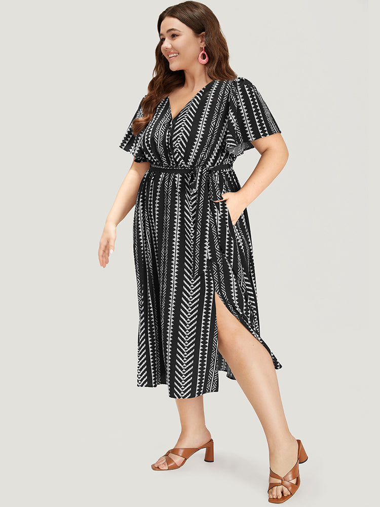 Geometric Print Flutter Sleeve Pocket Wrap Belt Split Dress