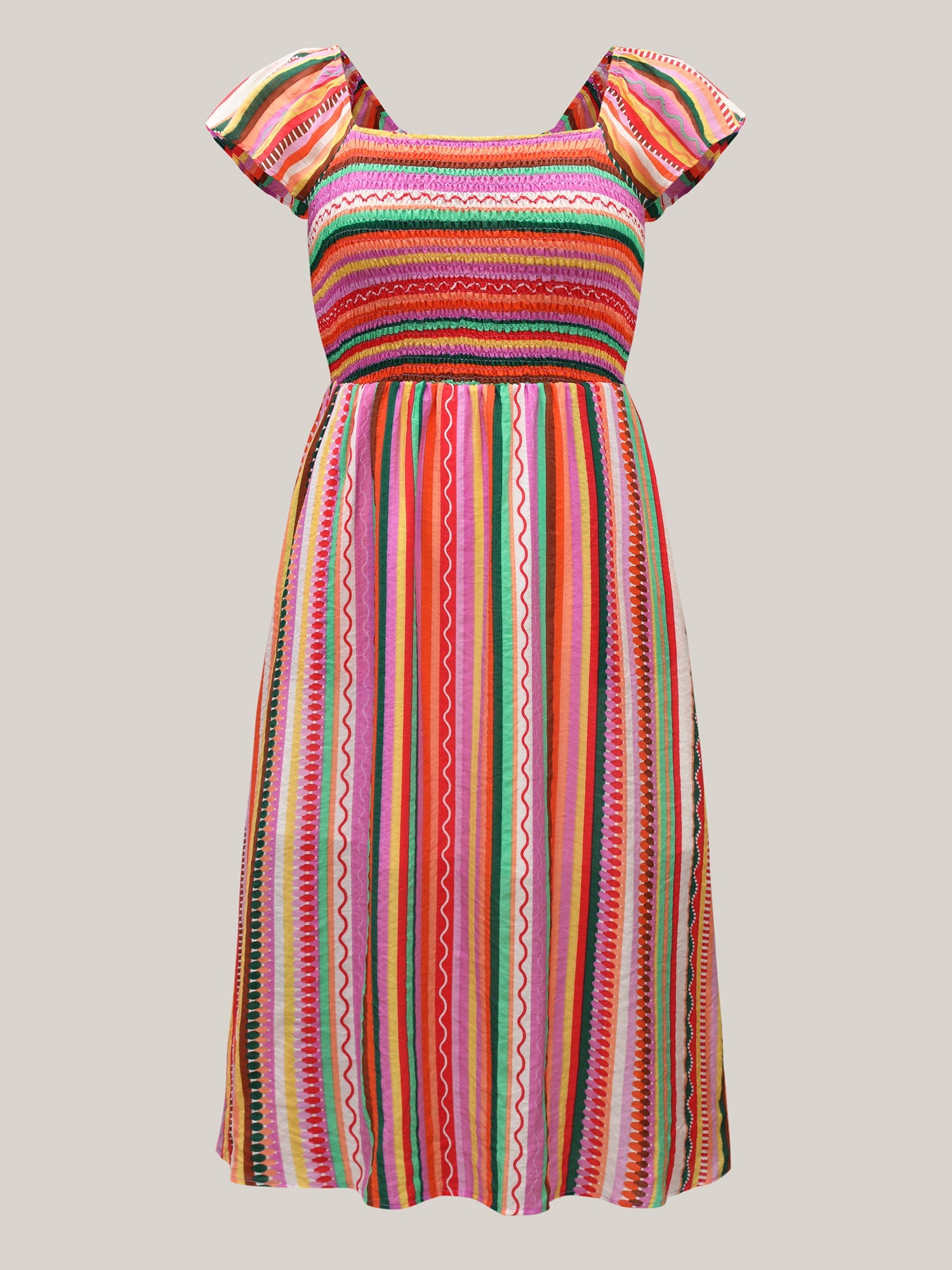 Colorful Stripe Flutter Sleeve Pockets Midi Dress