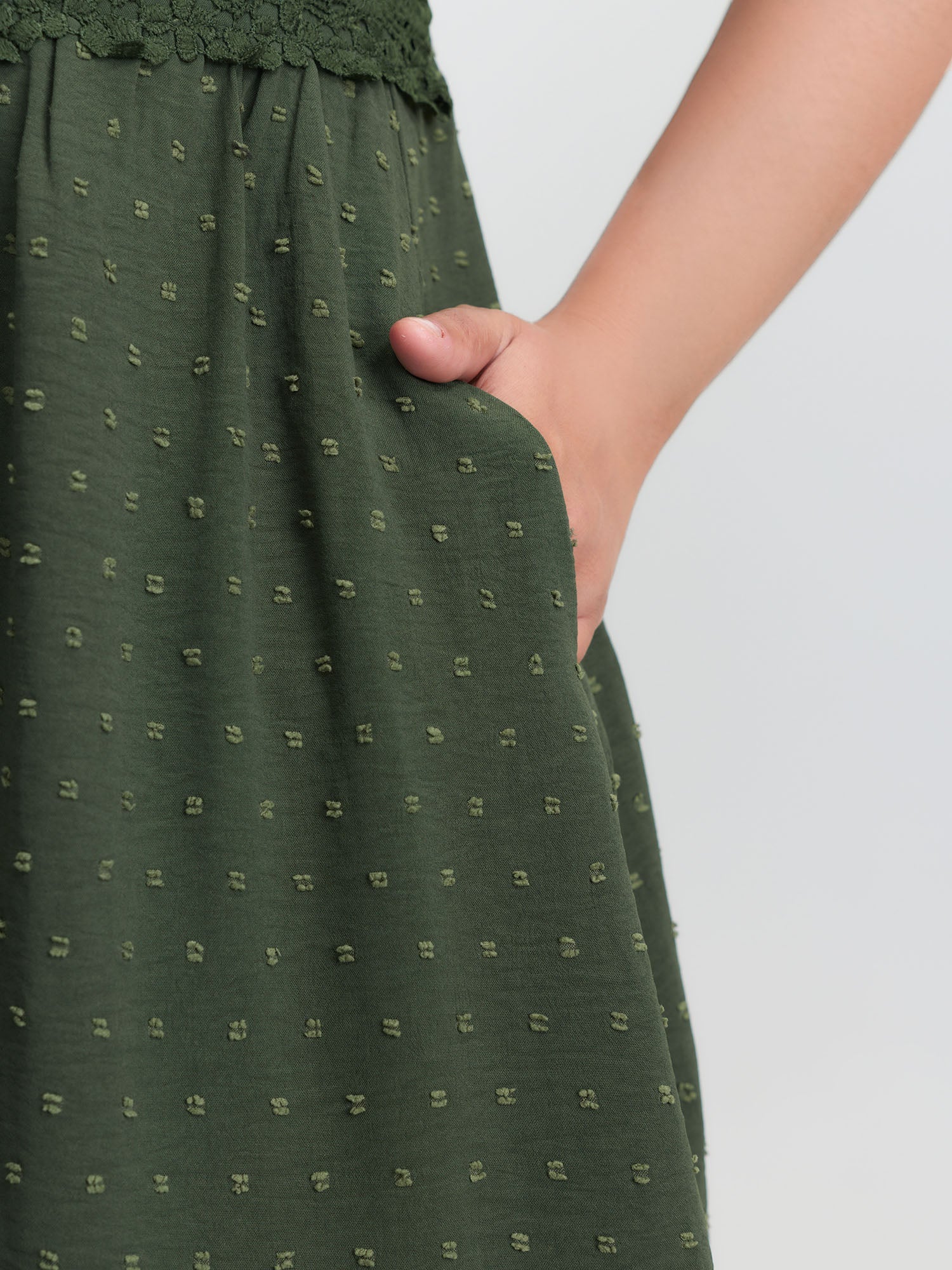 Textured Polka Dots Lace Trim Mini Dress