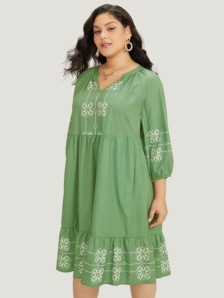 Bandana Print Notched Layered Hem Elastic Cuffs Dress