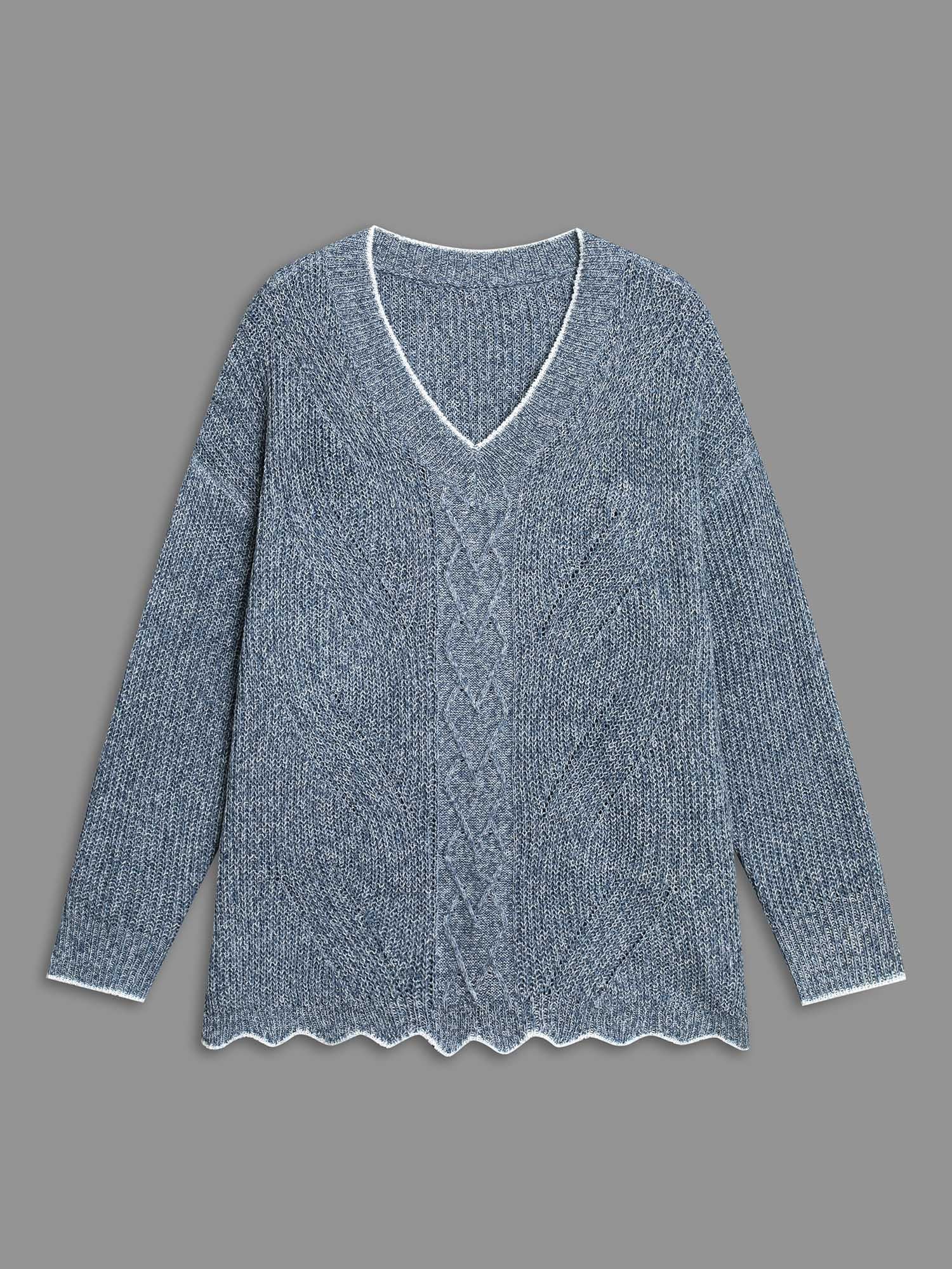 Plain Textured Contrast Trim Cable Knit Pullover