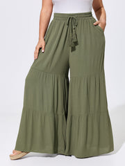 Tassel Drawstring Tiered Wide-Leg Pants