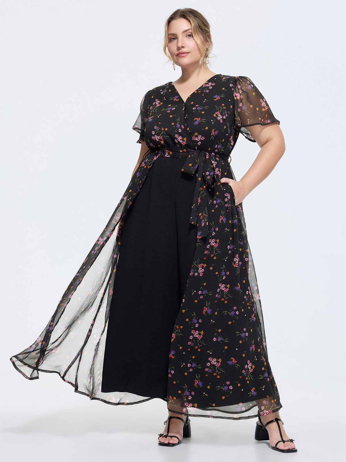 Ditsy Floral Print Wrap Tie Overlay Jumpsuit