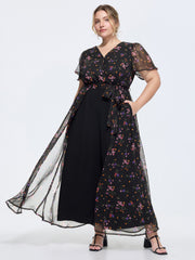 Ditsy Floral Print Wrap Tie Overlay Jumpsuit