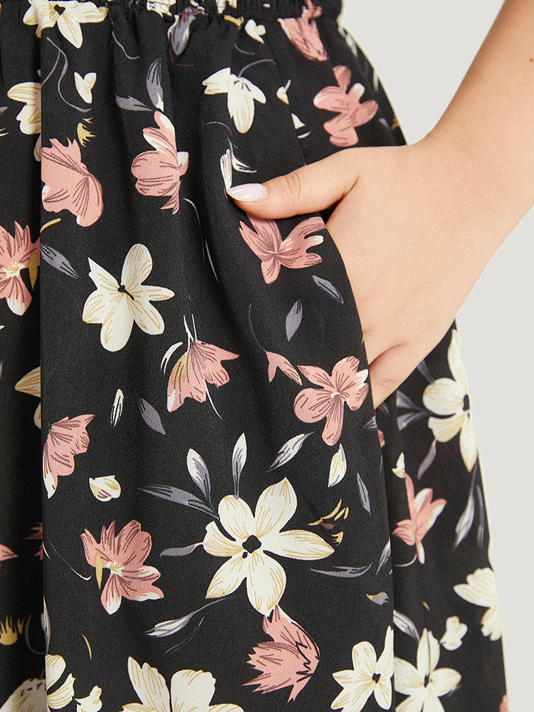 Floral Print Halter Shirred Pocket Ruffle Hem Dress