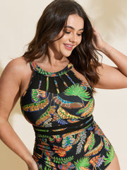 Tropical Print Halter Neckline One-Piece Swimsuit