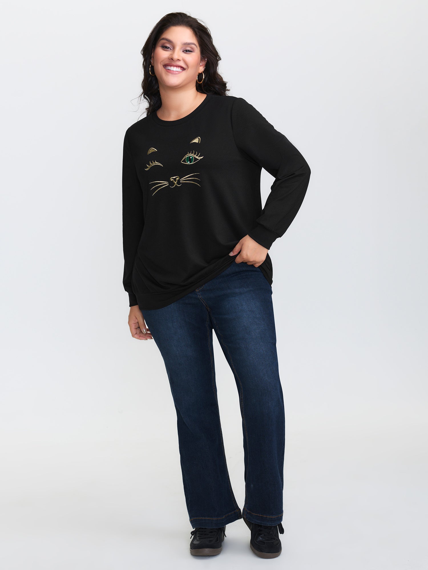 Meow Embroidery Stretchy Round Neck Sweatshirt