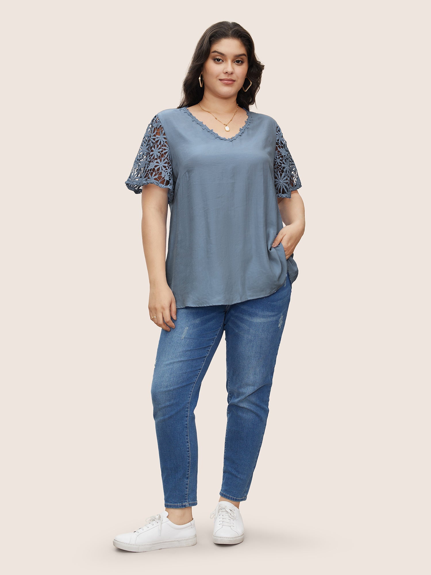 Plain V Neck Floral Patchwork Blouse