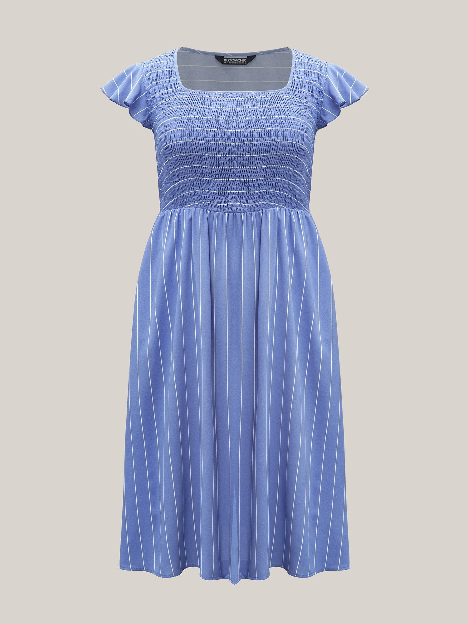 Striped Shirred Flutter Sleeve Midi Dress