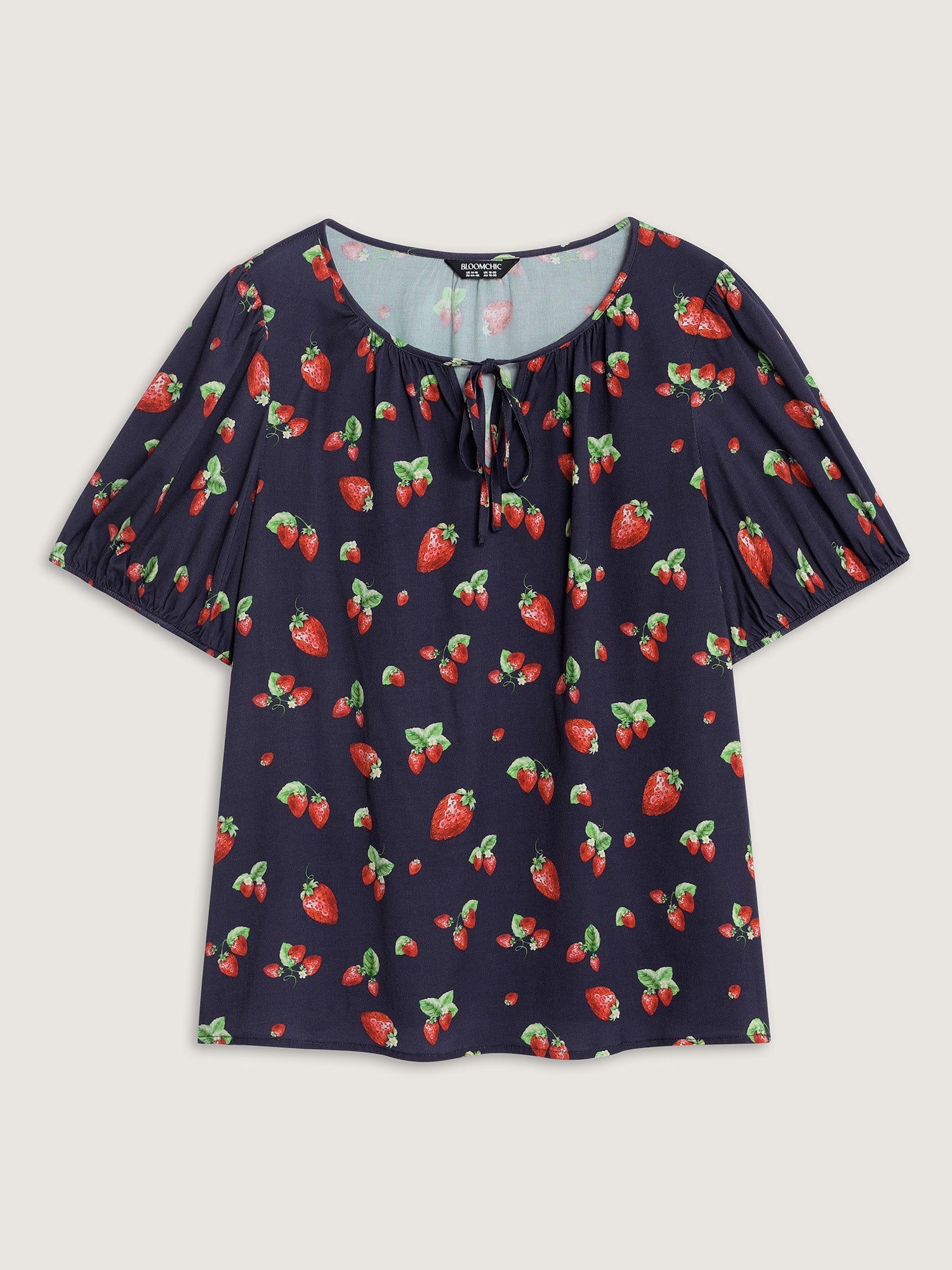 Strawberry Print V Neck Bubble Sleeve Blouse