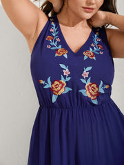 Rayon Floral Embroidery Stretchy Waist Jumpsuit