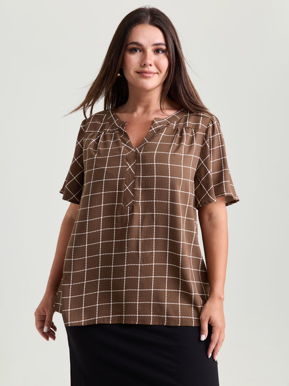 Checkered Notched Collar Panel Back Blouse