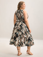 Leaf Print Halter Neck Tiered Midi Dress