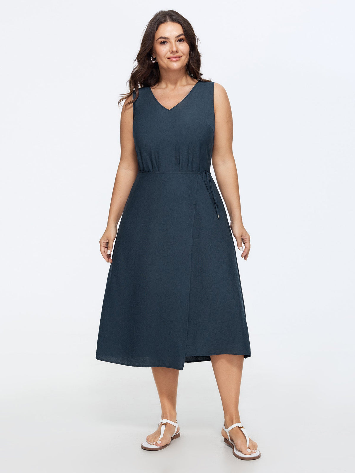 Sleeveless Side-Tie Plain Midi Dress