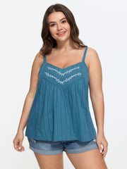 Cotton Floral Embroidered Pleated Lace Tank Top