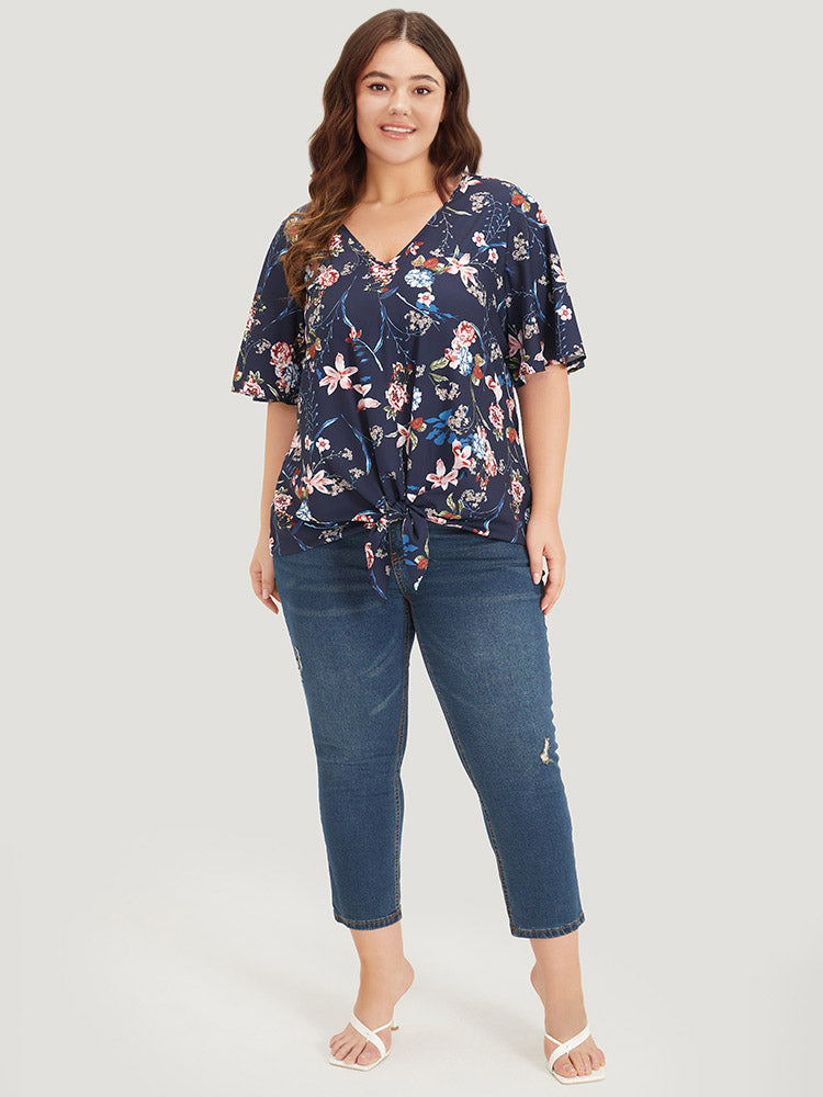 Floral Print V Neck Ruffle Sleeve Twist Hem Blouse