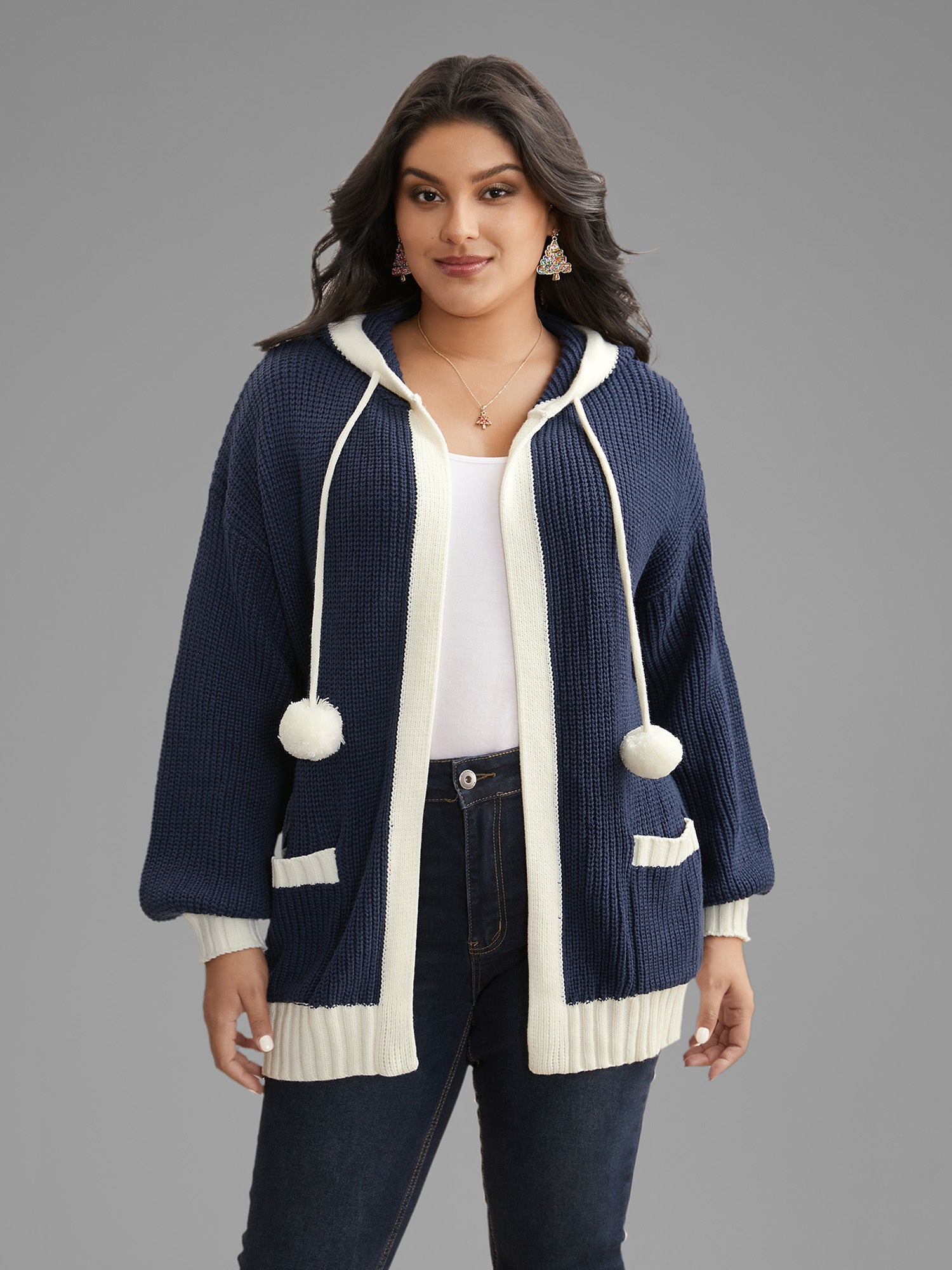 Contrast Hood Hemline Pockets Open Cardigan