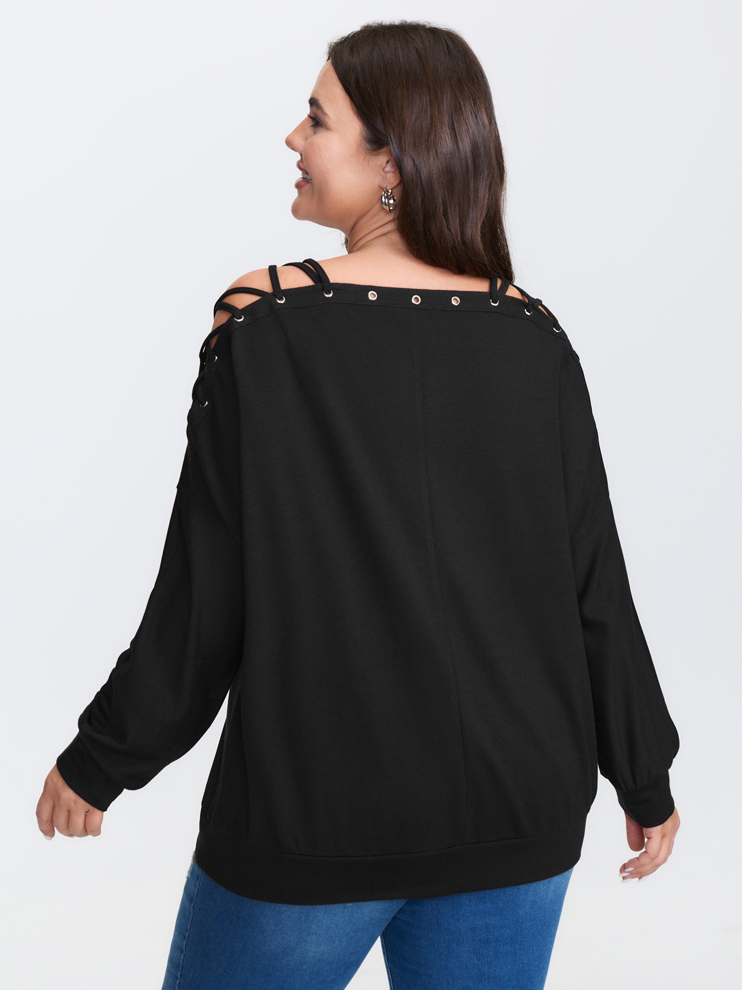 Cut-Out Off-Shoulder Plain Sweatshirt