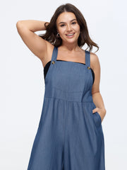 Overall Straps Ruffled Hem Pockets  Faux Denim Jumpsuit