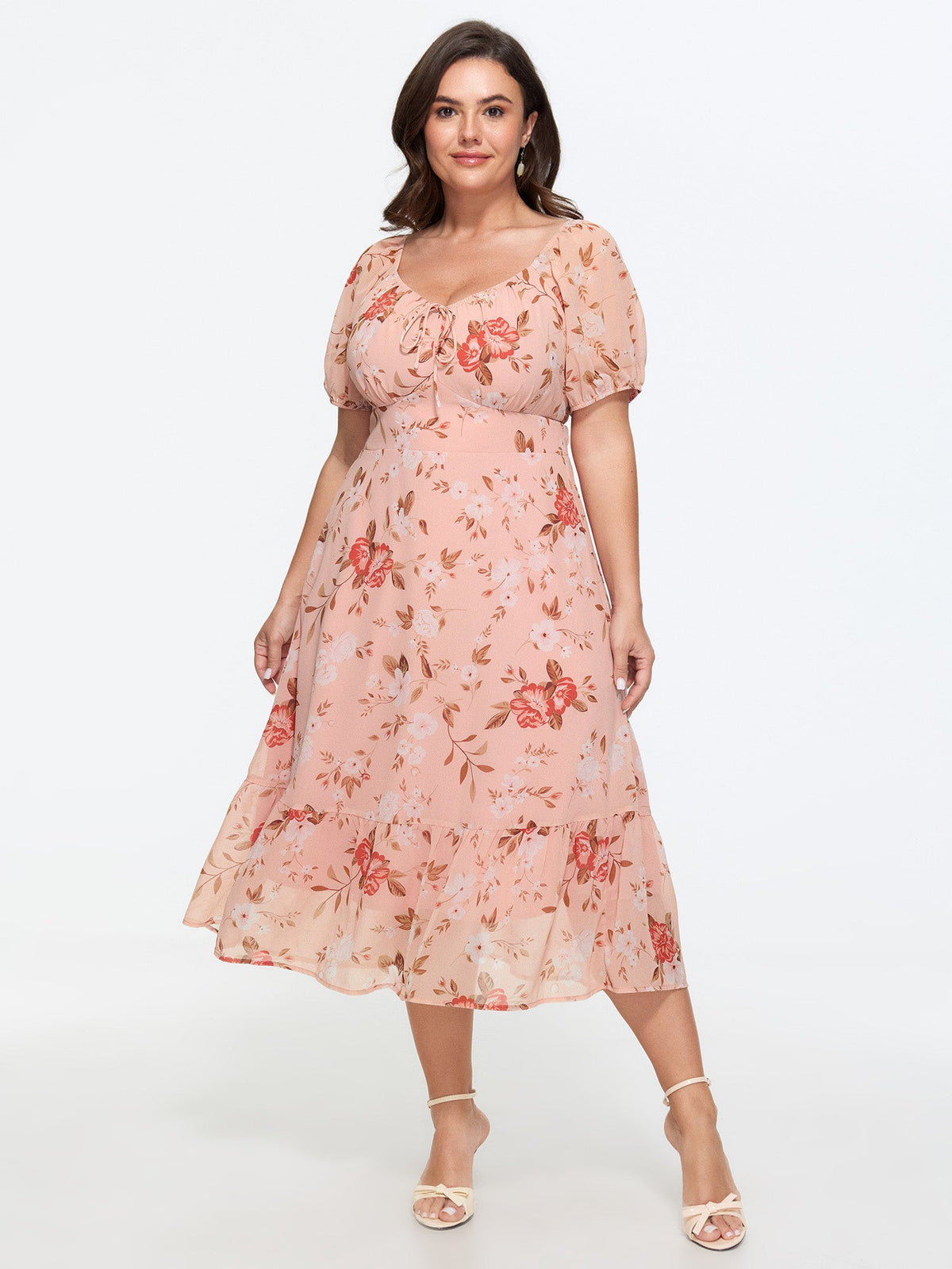 Soft Floral Print Shirred Waist Midi Dress