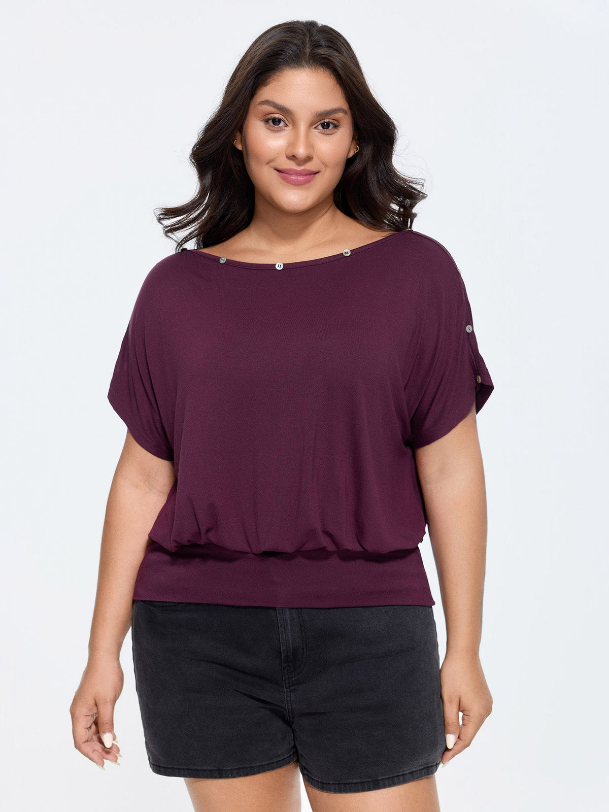 Supersoft Stretchy Button Off-Shoulder Plain T-Shirt