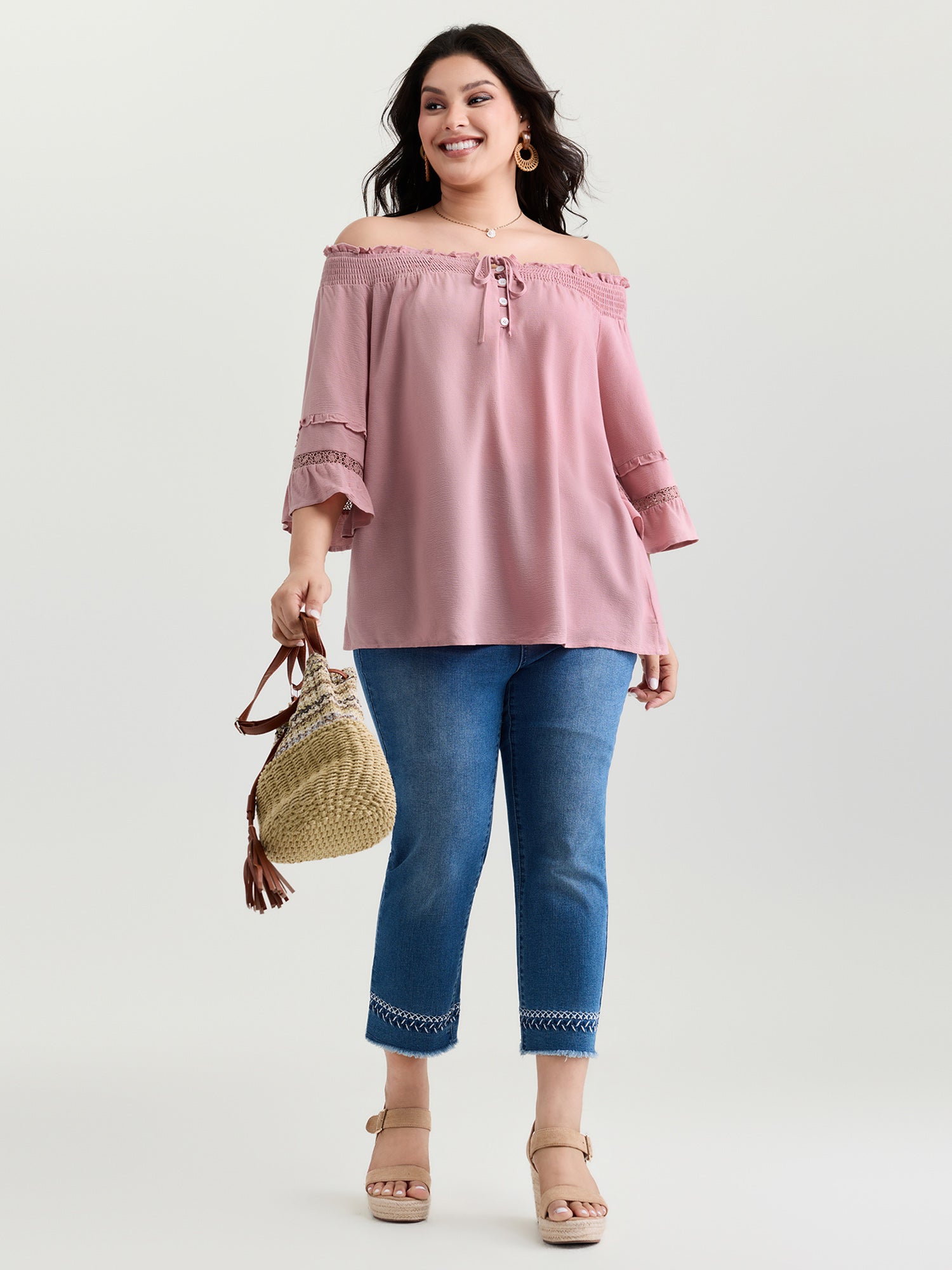 Supersoft Lace Trim Shirred Off-Shoulder Blouse