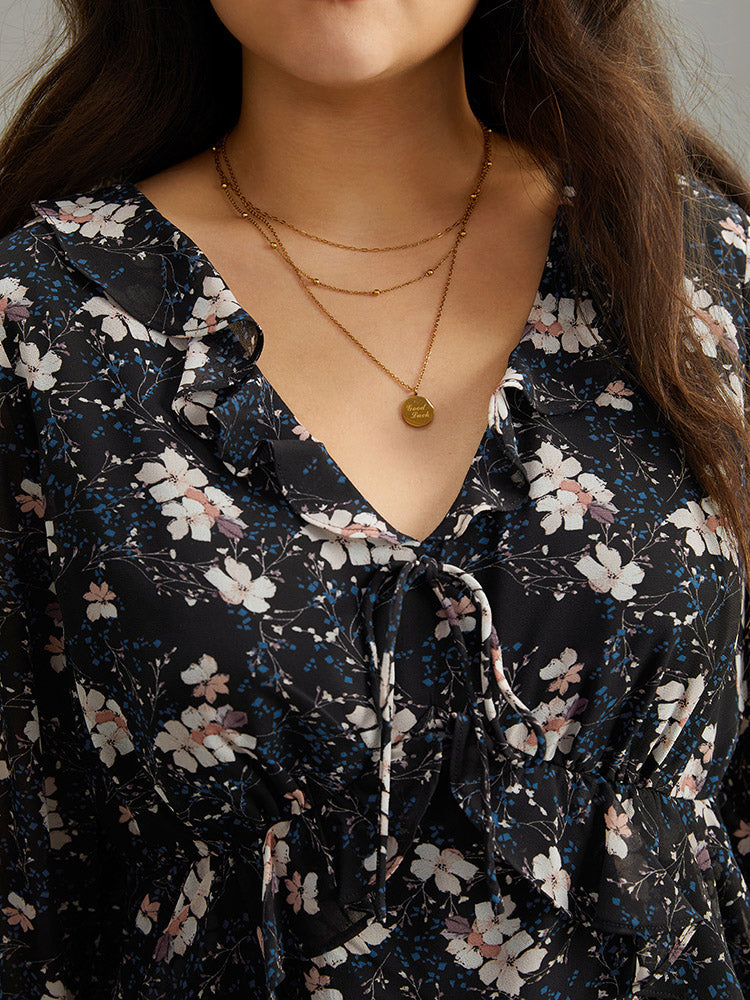 Ditsy Floral Ties Ruffles Elastic Waist Blouse