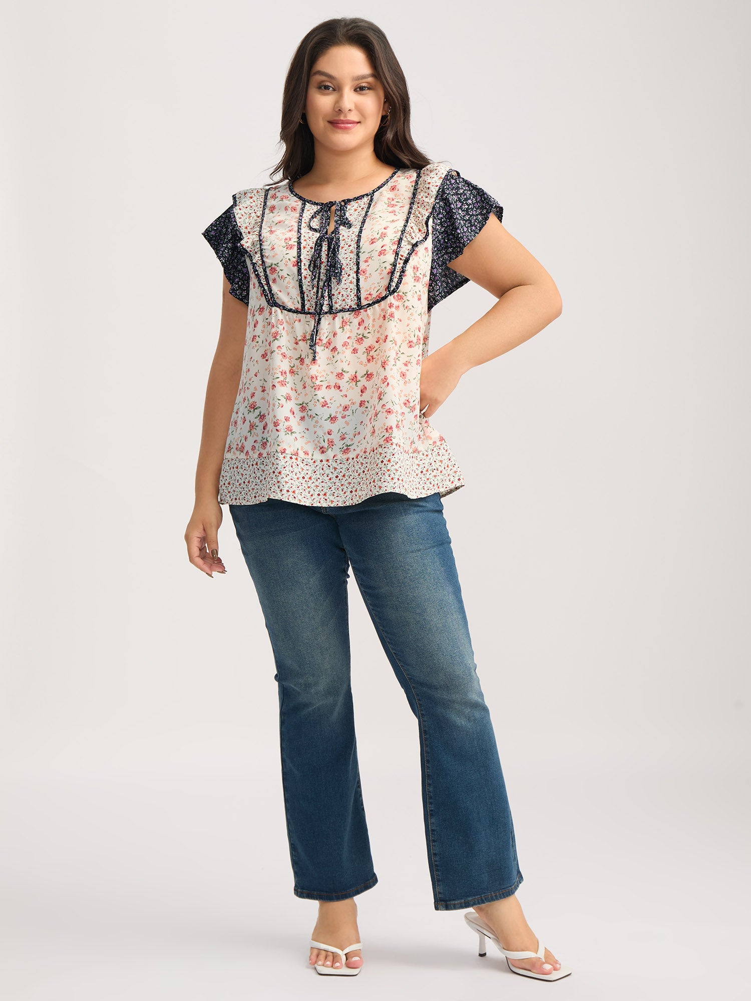 Floral Panel Ruffled Sleeve Blouse