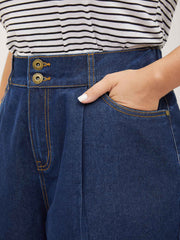 Stretchy Waist Straight-Leg Denim Shorts