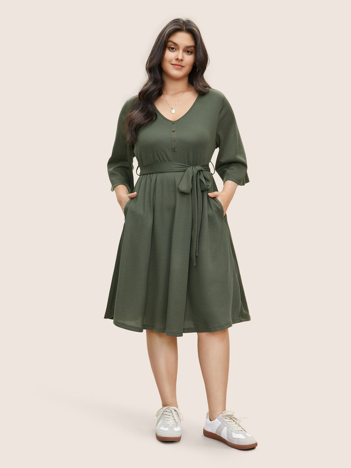 Solid Waffle Knit Button Detail Belted Dress