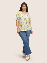 Floral & Butterfly V Neck Bishop Sleeve Blouse