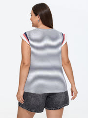 Cotton Striped Print Ribbed Color Contrast T-Shirt